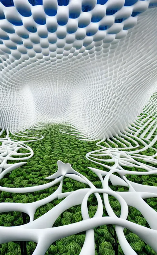 Image similar to elegant white art 3 d printed parametric installation with playful surreal tall lemon groves, urban playground, fluidity, vincent callebaut, mamou - mani, voronoi pavilion with huge white magnolias above