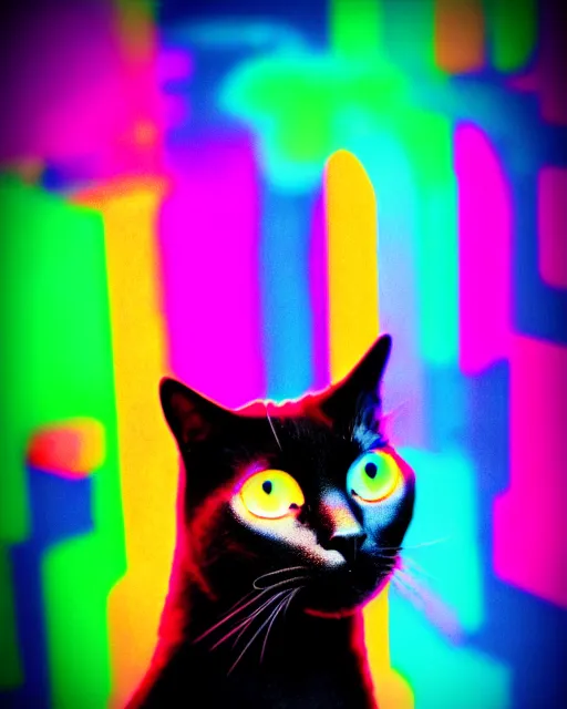 Image similar to glow, chromatic aberration, prismatic, black cat, cinematic, retro, vintage, cool, unique, interesting, original, vhs quality, adult swim