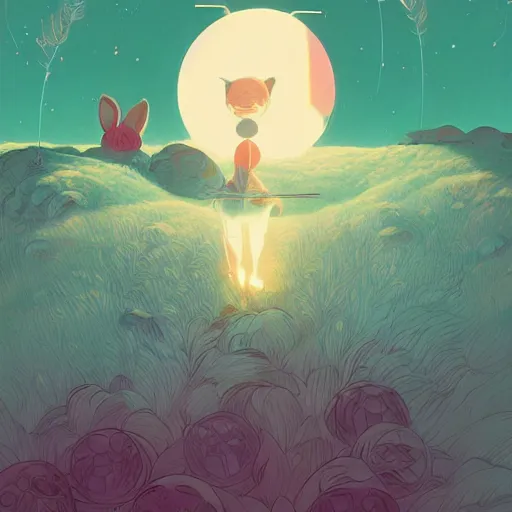 Image similar to A rabbit full of hope, looking for a black hole in an infinite time loop by Victo Ngai and Ghibli andlisk feng and atey ghailan
