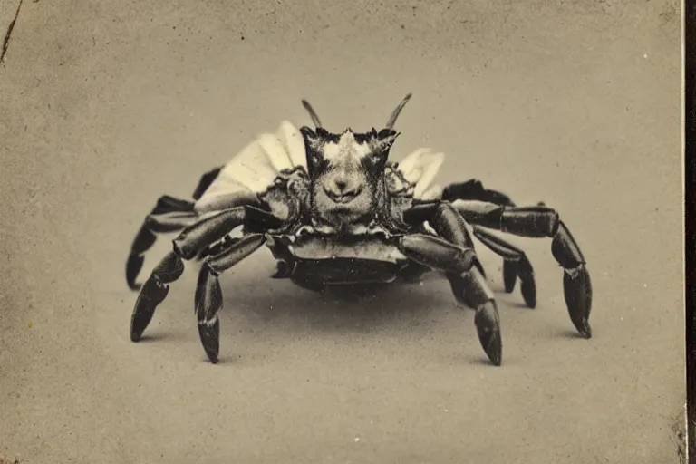 Prompt: a tintype photo of a half-goat half-crab creature, hybrid