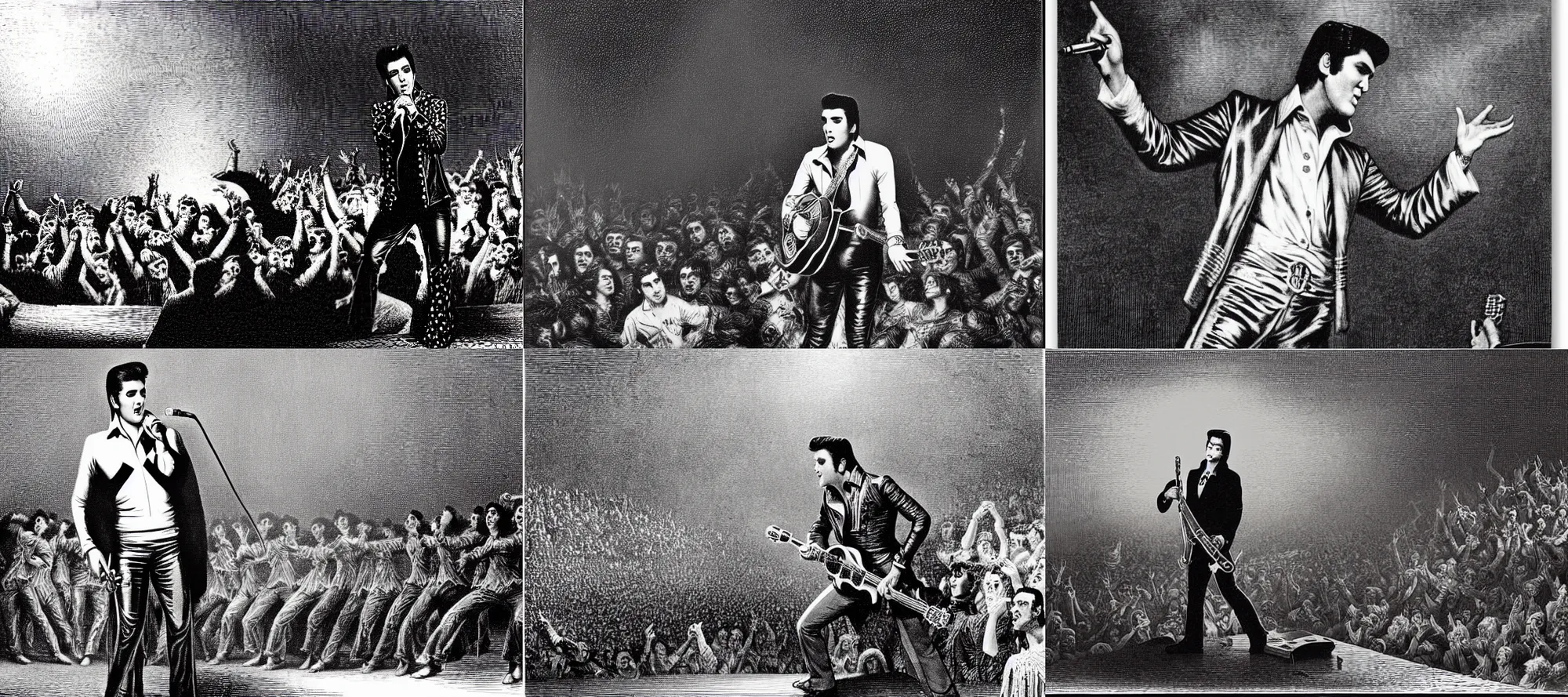 Image similar to elvis presley performing on stage, wood engraving, by gustave dore