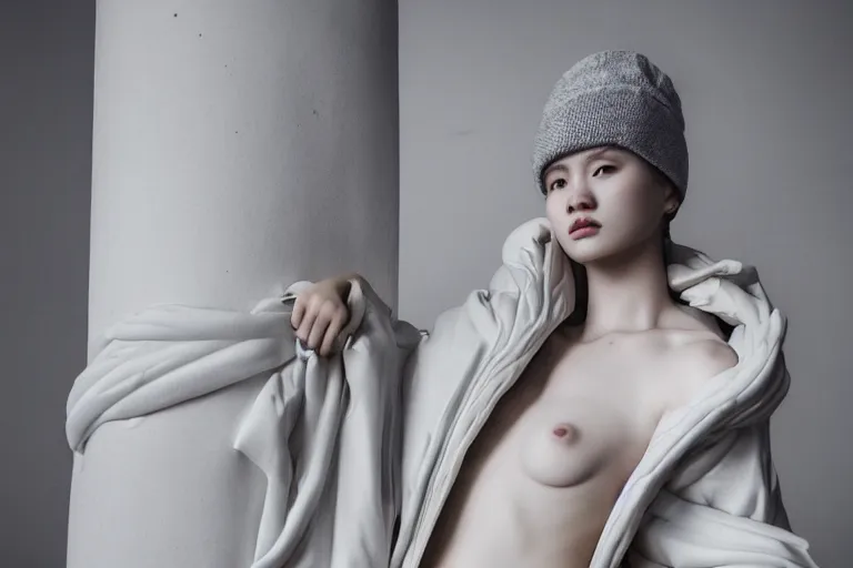 Image similar to well lit fashion shoot portrait of extremely beautiful female marble statue wearing huge over size puffer jacket by dingyun zhang, yeezy, balenciaga, vetements, a cold wall, sharp focus, clear, detailed,, cinematic, detailed, off white, glamourous, symmetrical, vogue, editorial, fashion, magazine shoot, glossy