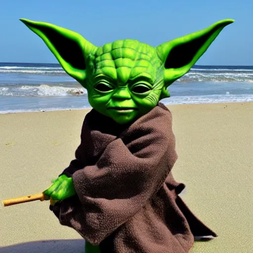 Image similar to sad real life Yoda on the beach