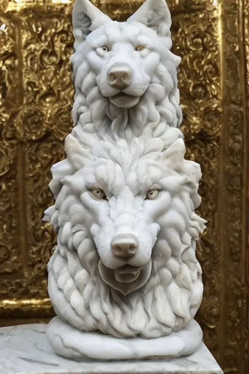 Image similar to a white marble statue of a wolf's head and shoulders with gold filigree, michelangelo