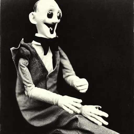 Image similar to ventriloquist figure laying on a stage, smiling, photograph, style of atget, unsettling, spooky, moody