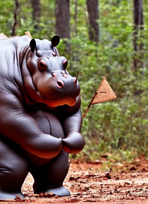 Image similar to an anthropomorphic hippopotamus dressed as a survivalist