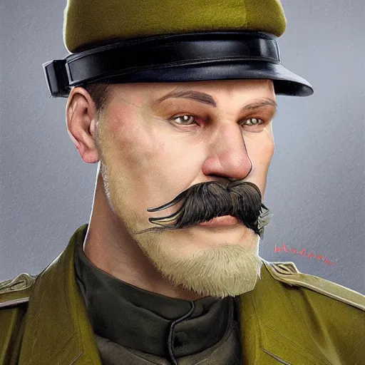 Image similar to character portrait of a russian man in khaki military tunic wearing black hat with black moustache holding a lightsaber, no beard, medium shot, concept art, global illumination, 4 k, hyper detailed, pixar animation style, 8 k, studio light, award winning, by artgerm, sylvain sarrailh, rossdraws, wlop, beautiful!.