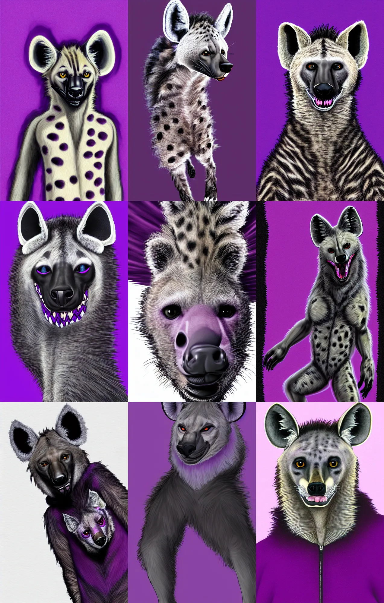 Prompt: a full - body centered front - perspective furry portrait, a male hyena fursona, purple and black color scheme, trending on weasyl, high - resolution, photorealistic