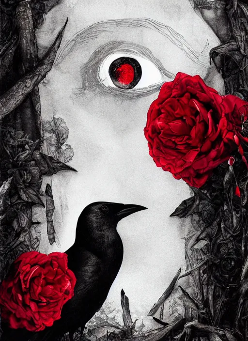 Image similar to portrait, A crow with red eyes in front of the full big moon, book cover, red roses, red white black colors, establishing shot, extremly high detail, foto realistic, cinematic lighting, pen and ink, intricate line drawings, by Yoshitaka Amano, Ruan Jia, Kentaro Miura, Artgerm, post processed, concept art, artstation, matte painting, style by eddie mendoza, raphael lacoste, alex ross