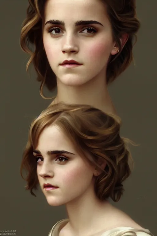 Image similar to full portrait of a beautiful Emma Watson, Regal, Realistic, Refined, highly Detailed Digital Art, Oil Painting, William-Adolphe Bouguereau, WLOP, Dynamic lighting, daily deviation, beautiful character illustration by Greg Rutkowsktrending on artstation, Cinematic Lighting, Unreal Engine, 8k, HD