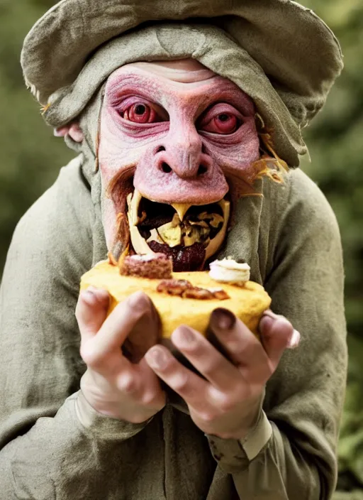 Image similar to closeup portrait of a medieval goblin eating cakes in the cloisters, depth of field, zeiss lens, detailed, symmetrical, centered, fashion photoshoot, by Annie Leibovitz and Steve McCurry, David Lazar, Jimmy Nelsson, Breathtaking, 8k resolution, extremely detailed, beautiful, establishing shot, artistic, hyperrealistic, beautiful face, octane render