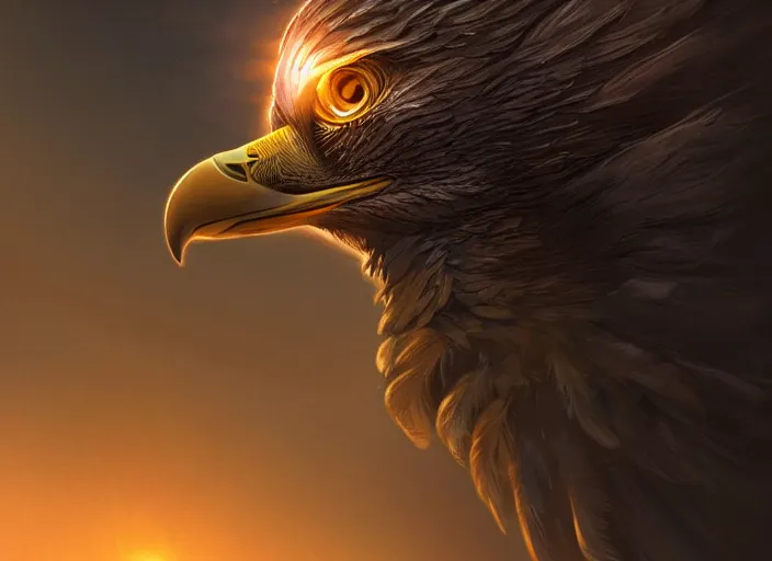Image similar to majestic eagle made out of light soars over a canyon of darkness, sunset, beautiful, extremely detailed, concept art, artgerm, trending on artstation, powerful imagery, award - winning, fantasy aesthetic,