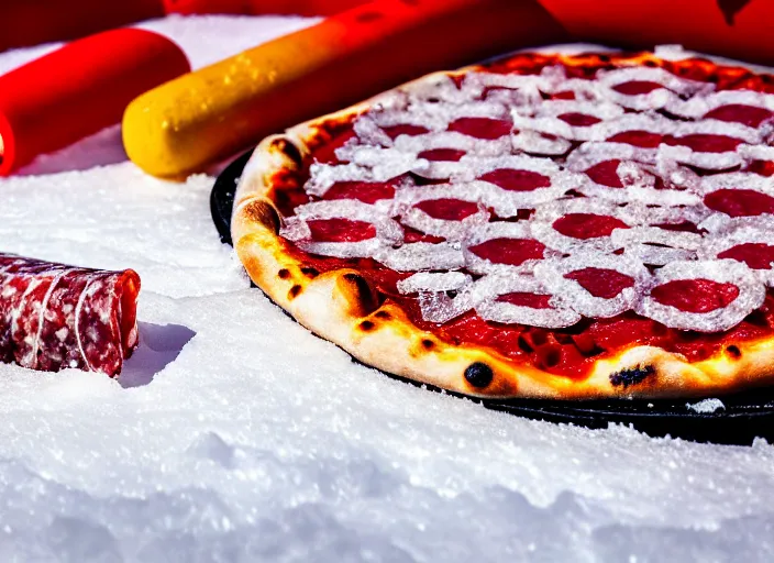 Prompt: clear highly detailed photorealistic food photograph of a pizza half stuck frozen in an ice cube with salami pepperoni lying in the snow, skiers in the background