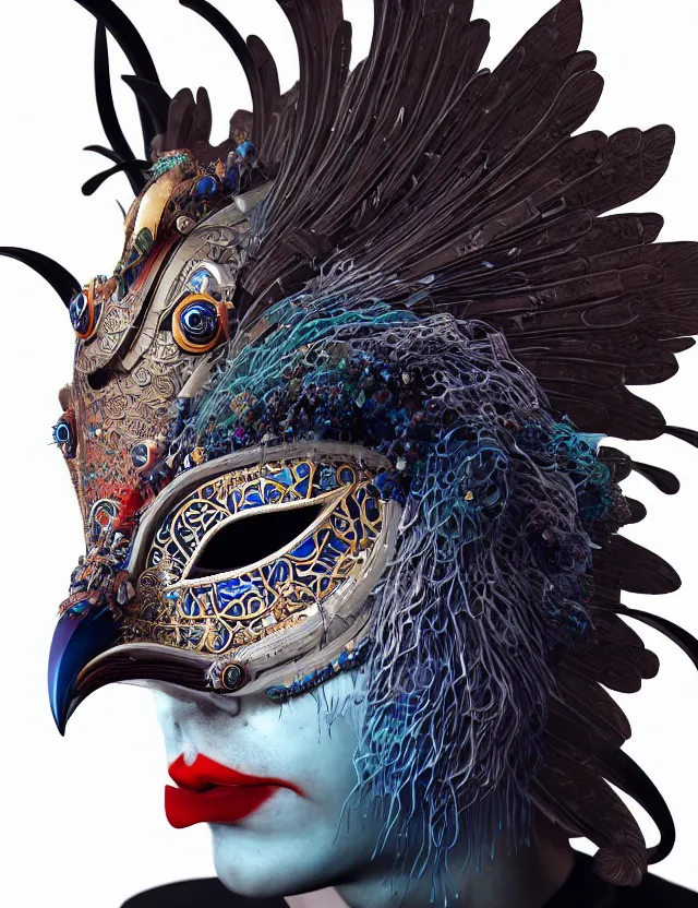 Image similar to 3 d shaman in venetian mask close - up profile portrait. beautiful intricately detailed japanese crow kitsune mask and clasical japanese kimono. betta fish, jellyfish phoenix, bio luminescent, plasma, ice, water, wind, creature, artwork by tooth wu and wlop and beeple and greg rutkowski