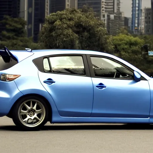 Prompt: blue grey Mazda Mazdaspeed3 2008 generation 1 in Fast and Furious Tokyo Drift screen cap still