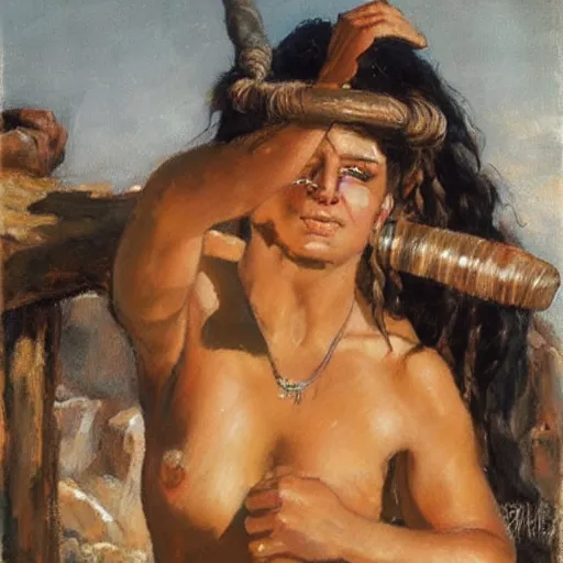 Image similar to a barbarian woman washing her hair by frank franzetta