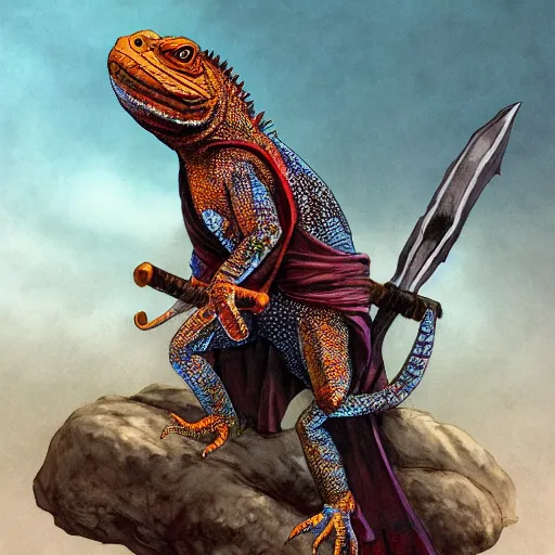 Image similar to anthro iguana warrior wearing cloak, dnd illustration by enki bilal and dan mumford, character concept trending on artstation