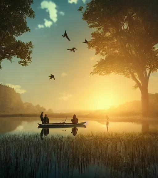 Image similar to three humans with a reflection of three crows in a little boat in a swamp, volumetric lighting, fog, majestic light, octane render, ethereal glare of the sun, hyperrealistic, epic, masterpiece, by makoto shinkai