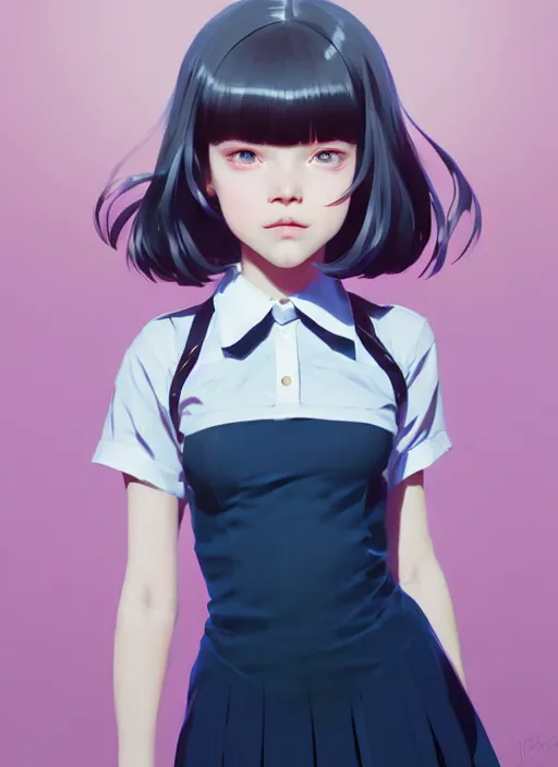 Image similar to full body beautiful and cute and aesthetic school girl greeting, very slightly smiling, wave a hand at the camera, perfect face, symmetric eyes, sharp focus, specular reflection, occlusion shadow, artstation, by ilya kuvshinov and jeremy lipking and quentin mabille, light novel cover art, 3 d epic illustrations, symmetric body