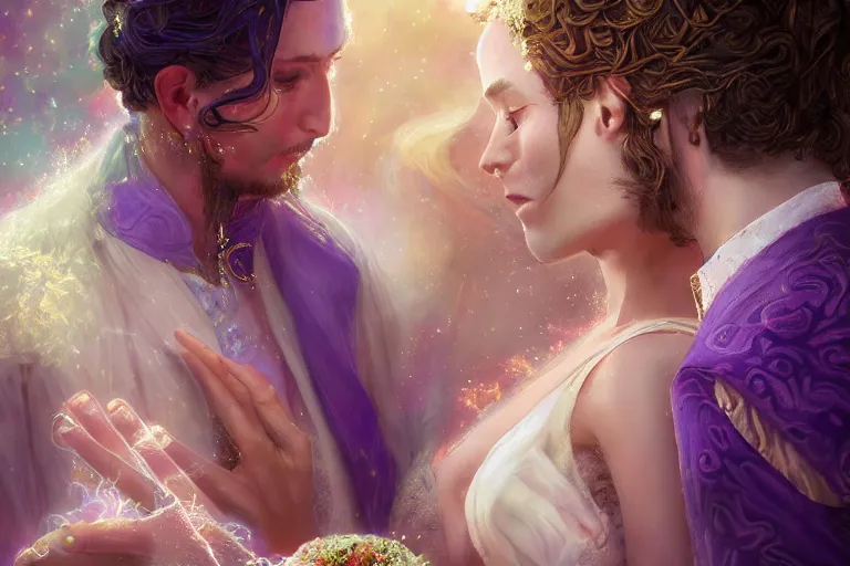 Image similar to a dreamlike cinematic portrait of wedding photograph close up moment of a divine a russia sun god and moon goddess lovers magician at a wedding banquet. portraiture. digital painting. artstation. concept art. fantasy wedding photo. digital painting, 8 k realistic, hyper detailed, violet evergarden art masterpiece by art by krenz cushart