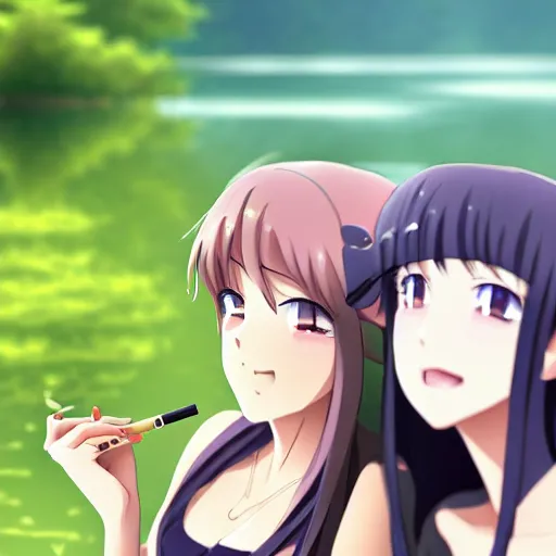 Prompt: two beautiful lesbian girls in love, smoking a weed joint with smoke, sitting in front of a lake, in the style of anime, close - up, highly detailed face, 4 k, artstation, intricate, elegant, highly detailed, lush, stylized, japanese, smooth