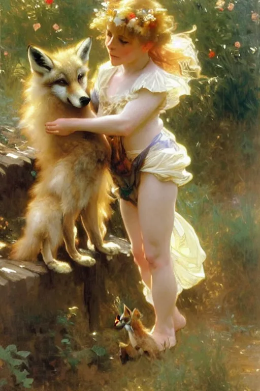 Prompt: a seven - year old with curly dirty blonde hair playing with foxes, painting by daniel gerhartz, alphonse mucha, bouguereau, detailed art, artstation