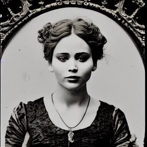 Image similar to victorian photograph of a mix of jennifer lawrence and lilly collins, 1 8 9 0 s photography, 1 9 0 0, realistic face, symmetrical face, studio photograph, grainy, edwardian, old photo