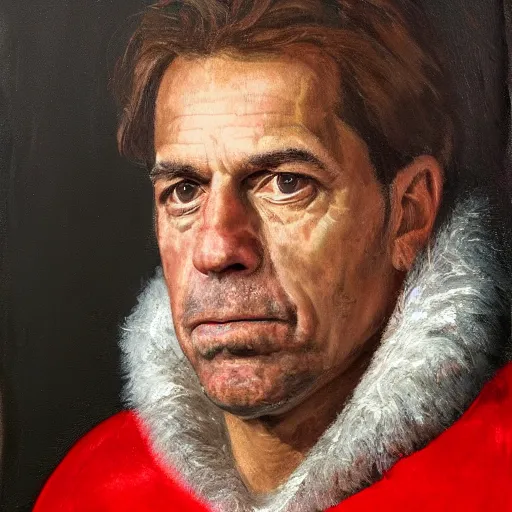 Image similar to renaissance portrait of nick saban, oil on canvas, regal, realism, detailed, meticulous