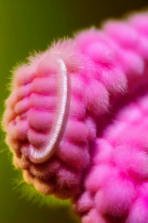 Image similar to high quality macro photo translucent fluffy caterpillar! gorgeous highly detailed hannah yata elson peter cinematic pink lighting high quality low angle hd 8k sharp shallow depth of field