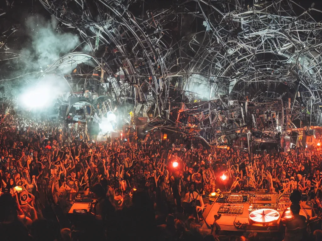 Prompt: a cyborg dj is playing a vast array of highly evolved musical technology on a stage surrounded by an incredible and complex circular robotic structure playing highly evolved music overlooking a crowd at a forest festival lit by fire