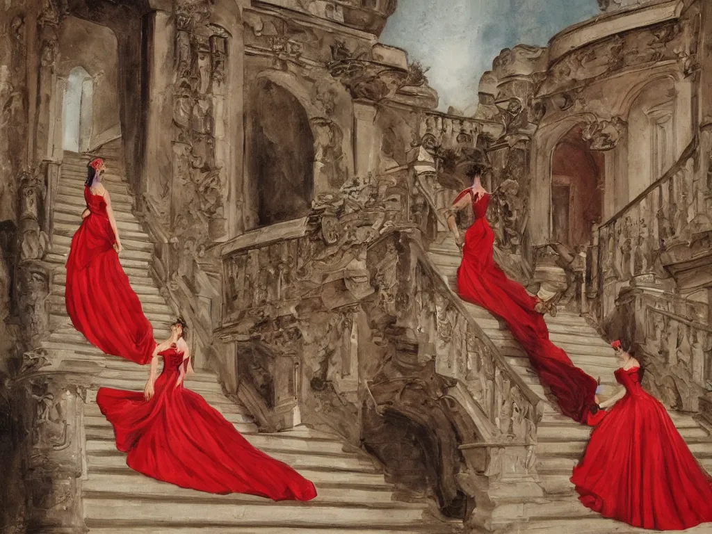 Image similar to An impressive castle entrance, a beautiful woman wearing a red dress, coming down the stairs, sided by two fierce Dobermans, painted by Desiderio Monsu