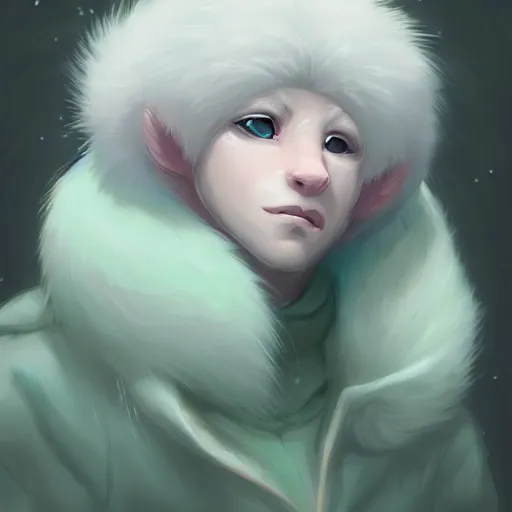 Image similar to aesthetic portrait commission of a albino male furry anthro lion wearing a cute mint colored cozy soft pastel winter outfit, winter atmosphere character design by charlie bowater, ross tran, artgerm, and makoto shinkai. art from furaffinity, weasyl, deviant art, inkbunny