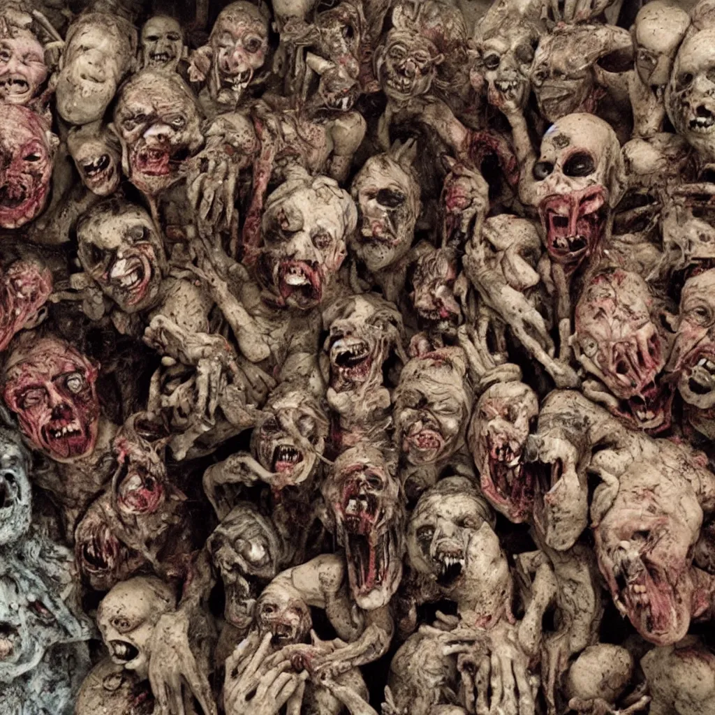 Prompt: portrait of a happy creepy mud clay people in supermarket by bob bottin and cronenberg, horror grotesque, realistic detailed photography, filth and grim, colorized 1 9 9 0's