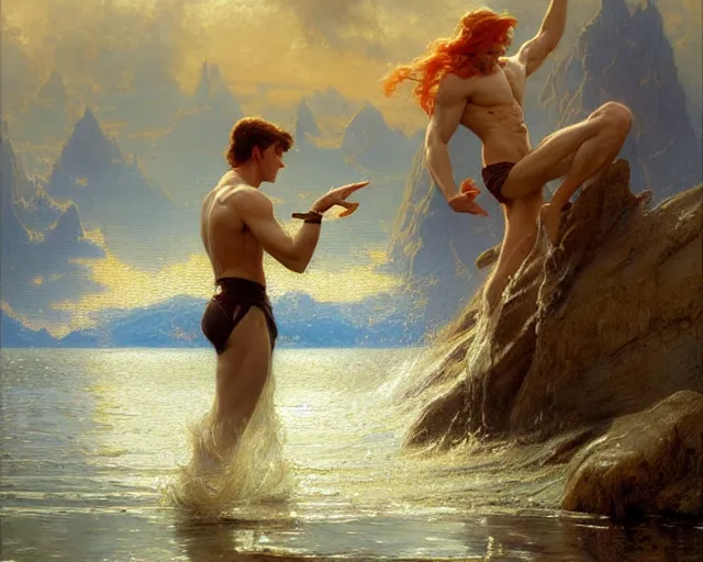 Image similar to attractive male wizard casting powerful wave water spell in a beautiful lake. highly detailed painting by gaston bussiere, craig mullins, j. c. leyendecker 8 k