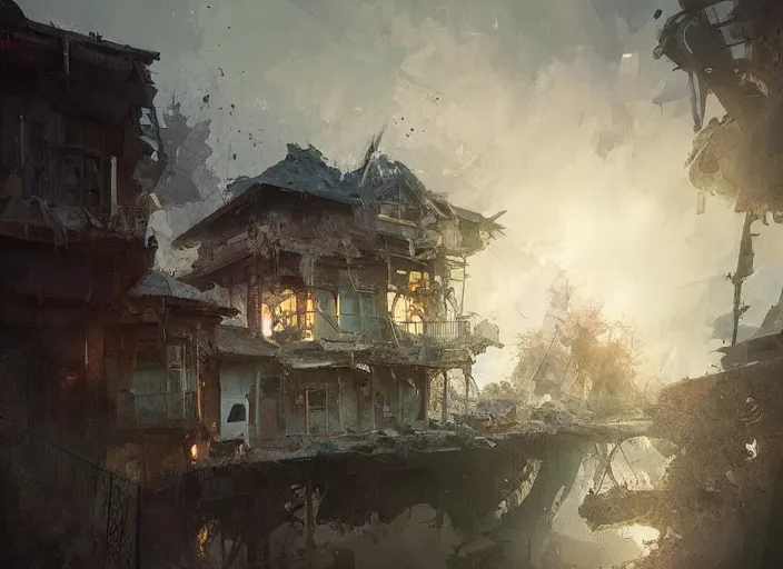 Image similar to one beautiful house among destroyed world around volumetric lighting, digital painting, highly detailed, artstation, sharp focus, illustration, concept art, ruan jia, steve mccurry, amazing composition