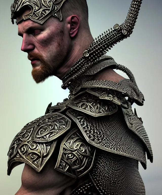 Image similar to hyperrealistic mixed media painting of a stoic male fighter, stunning 3d render inspired art by P. Craig Russell and Barry Windsor-Smith + perfect facial symmetry + dim volumetric lighting, ornate chainmail armor, head and shoulders, d&d, arms crossed, 8k octane beautifully detailed render, post-processing, extremely hyperdetailed, intricate, epic composition, grim yet sparkling atmosphere, cinematic lighting + masterpiece, trending on artstation, very very detailed, masterpiece, stunning