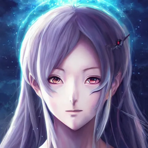 Image similar to A realistic anime painting of a celestial goddess with glowing silver eyes. digital painting by Sakimichan, Makoto Shinkai, Rossdraws, Pixivs and Junji Ito, digital painting. trending on Pixiv. SFW version —H 1024