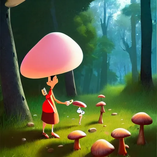 Image similar to goro fujita ilustration mafalda collecting mushrooms in the forest, painting by goro fujita, sharp focus, highly detailed, artstation