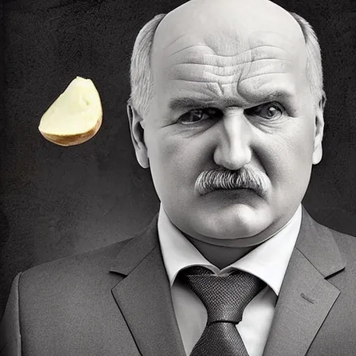 Image similar to mildly epic portrait of lukashenko as the god of potatoes, creator of despair