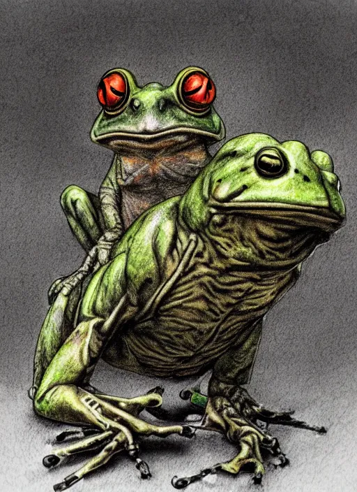 Image similar to cyberpunk frog, concept art, colorized pencil, highly detailed, Akihiko Yoshida