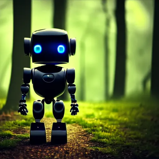 Image similar to a cute little robot in a wood. super realistic 8 k render of a dark hooded powerful elegant, cinematic composition