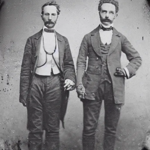 Image similar to tintype photo of rick and morty. 1 8 8 0 s