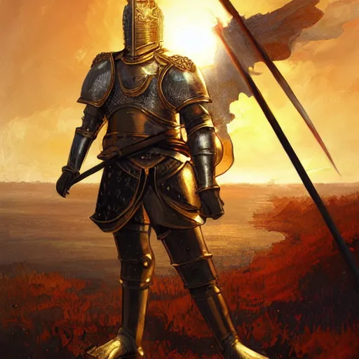 Prompt: a medieval knight in front of the sun of a susnet, unique armor, detailed, intricate, close up, fantasy, by wlop, by ross tran, by andreas rocha, by krenz cushart