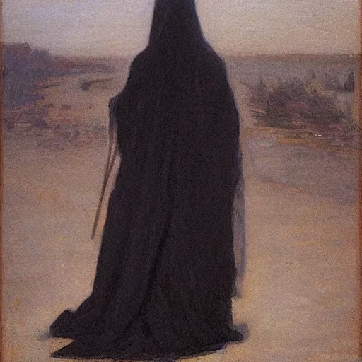 Image similar to Back view of the grim reaper as a beautiful woman, thin black robe, death himself, elegant, deep shadows, award winning, by Ilya Repin, deviant art