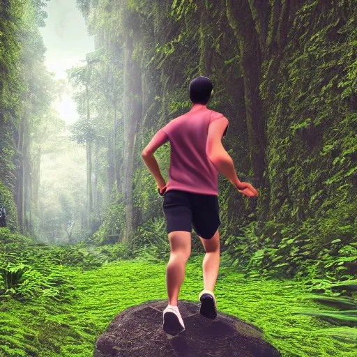 Prompt: sporty guy in acid-green sneakers, runs alone through a jungle with tall trees, shot from the back, Voxel grapics concept art by Caravaggio, in perspective, hd, hdr, ue5, ue6, unreal engine 5, cinematic 4k wallpaper, 8k, ultra detailed, high resolution, artstation, award winning,