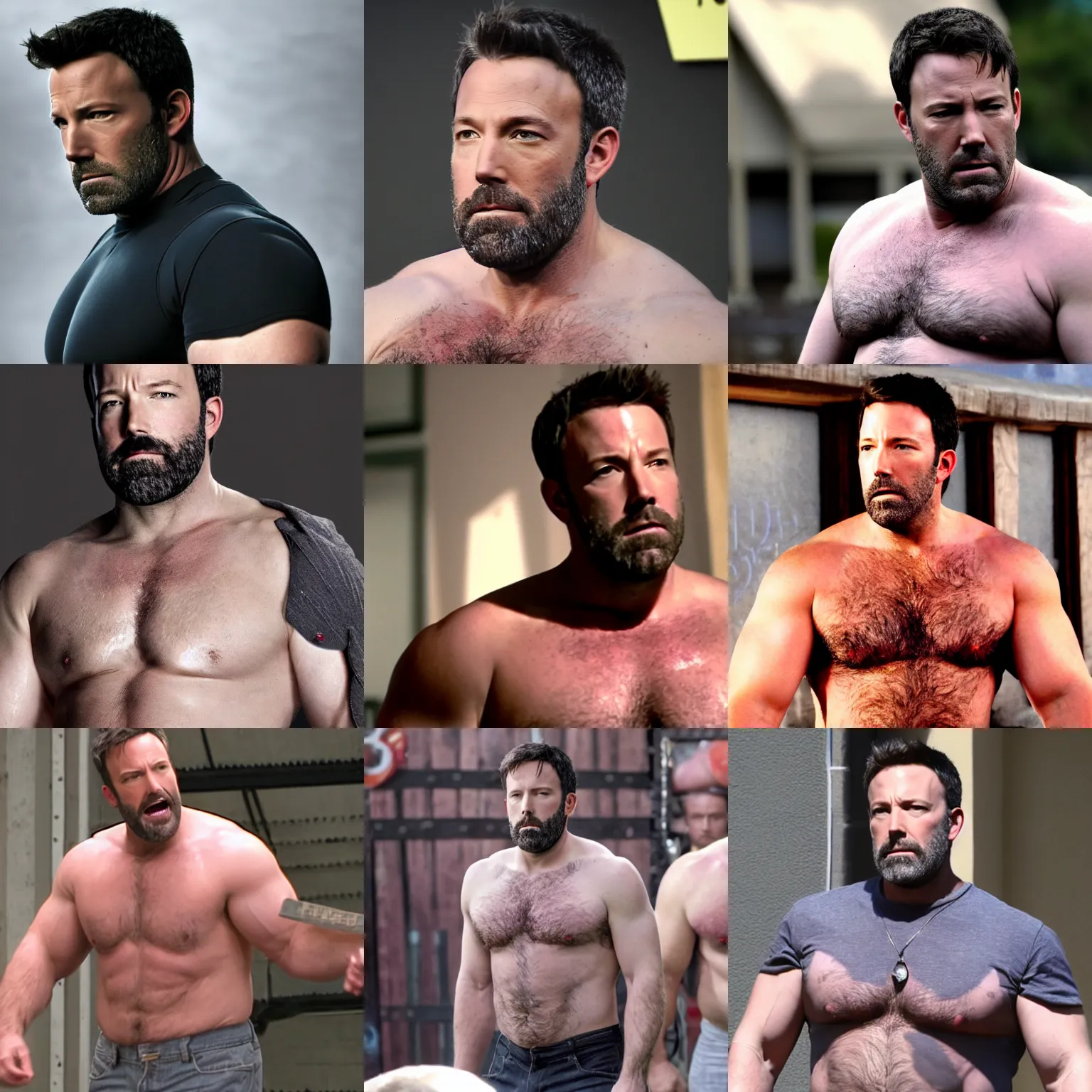 Prompt: ben affleck as a big burly padded strongman, 4 k hd