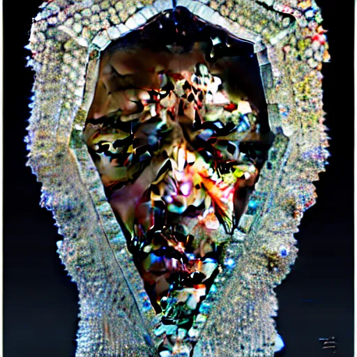 Image similar to portrait of a big crystal face made of crystals half - turn, bottom view, ominous, intricate, studio, art by anthony macbain + greg rutkowski + alphonse mucha, concept art, 4 k, sharp focus