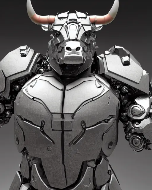 Prompt: a full body shot of an imposing cyborg ( bull ) modeled after a bull with open eyes looking into the camera, glowing eyes, highly detailed, android, cyborg, full body shot, intricate, 3 d, hyper realism, symmetrical, octane render, strong bokeh, fantasy, highly detailed, depth of field, digital art, artstation, concept art, cinematic lighting, trending