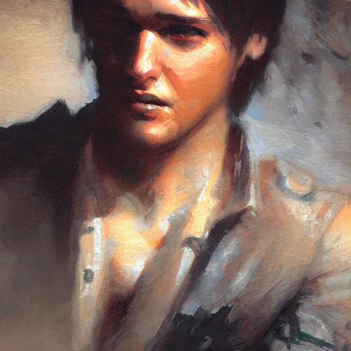 Image similar to A handsome emo guy, close-up painting by Gaston Bussiere, Craig Mullins