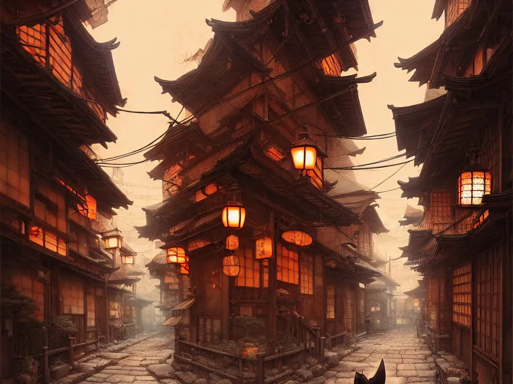 Image similar to old japanese street, d & d digital painting, intricate details, ultra realistic, beautiful, volumetric lighting, warm colors advance, cell shading, by james jean, greg rutkowski, gerald brom, wlop